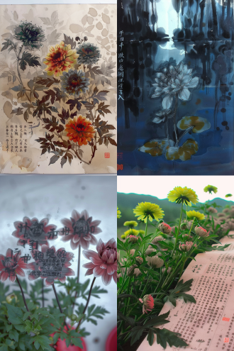 中国风大丽菊，独特造型，水墨画感，有题词，对称构图，古雅环境，长焦镜头，柔光，静态，墨色，诗意。