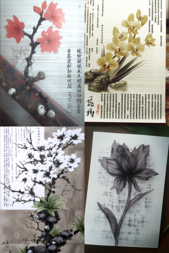 中国风格的兰花，根须处有石头，造型优雅独特，水墨画艺术感，题词