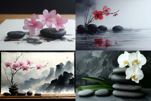 兰花与碎石，水墨风，中国古风场景，三分构图，长焦镜头，顶光，静态，淡雅色调，营造优雅古典、清秀俊逸之感 。