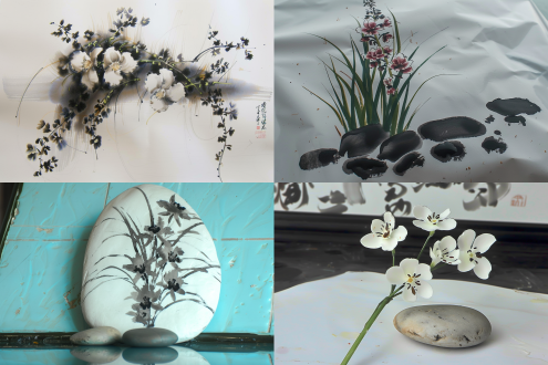 兰花与碎石，水墨风画面，中国古风场景，素雅色调，幽静氛围，特写镜头，柔光，静态，优雅古典，清秀俊逸。