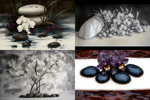 兰花与碎石，中式水墨风，对称构图，古雅环境，长焦镜头，柔和顶光，静态，素雅色调，展现优雅古典、幽静清秀之感 。