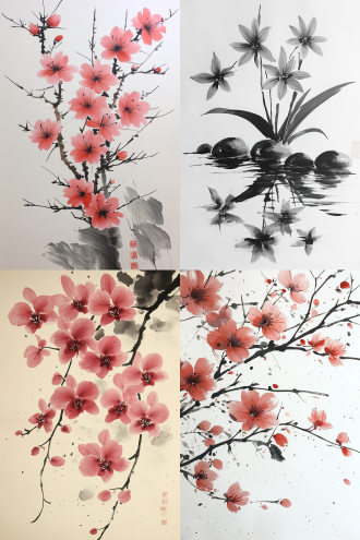 兰花与碎石，水墨风格画面，中国古风场景，素雅色调，幽静氛围，特写镜头，顶光，静态，清秀俊逸，优雅古典。