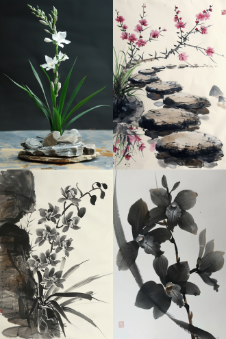 兰花，碎石，水墨，素雅，幽静，中国古风，优雅古典，清秀俊逸
