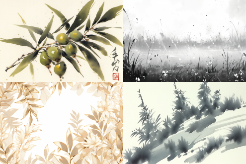 传统中国水墨画风书房，初学者画竹与杂草，单色，橄榄油润感，中景构图，柔和顶光，细腻笔触，专注氛围。