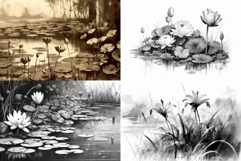 在紫禁城燃烧土壤沙漠中，齐白石、沈周风格黑白素描百合水仙杂草，有半边莲，特写，高细节，自然风，艺术感。