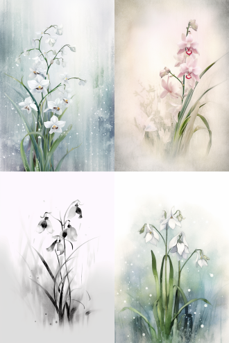 传统中国水墨画风，雪绒花与兰花并置，草图线条笔触，中式古典背景，淡彩，柔和顶光，优雅，宁静，艺术感。