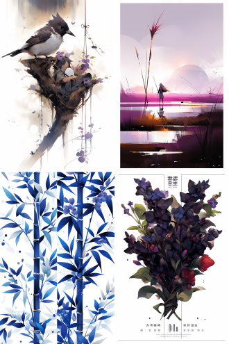 中式水墨画风杂草，简单勾勒，黑紫白配色，随性笔触，印象派，有根元素，油画质感，逆光，中国风，写意。