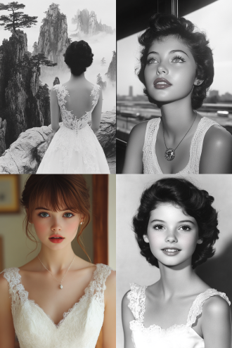 1954年大英博物馆，白裙白面妆精致13岁少女站中式水墨画卷前，丝绢画笔触细腻，f11:6，侧光，宁静氛围。