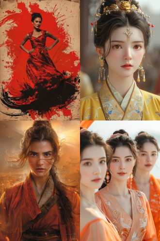 古代亚洲王朝公主着晚礼服半转身奔跑，凤凰元素融合京剧，彩页草图风，广角，暖光，暖色调，高画质，动态模糊 。