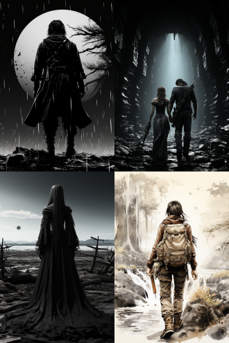 纹理纸上黑墨绘，infp年轻女子在河上行走，皱纸质感，2008年风，动漫风，低画质，松构图，扫描质感，柔和光。