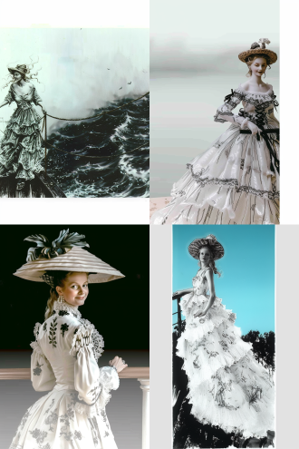 一位戴着草帽，穿中世纪欧洲蓬蓬裙的女子站在邮轮甲板上吹飞，双手扶着栏杆转头看过来，古典美丽大方，全身像