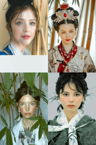清朝公主半身像，于竹林中探出头偷看，精美传统服饰，古典温柔羞涩，特写，自然光，暖色调，细腻，婉约。