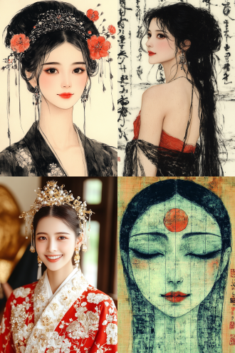 元朝贵妃半身像，坐于毛笔书法作品前扶头微笑，精美传统服饰配饰，古典风，暖光，特写，华丽色彩，雍容华贵。