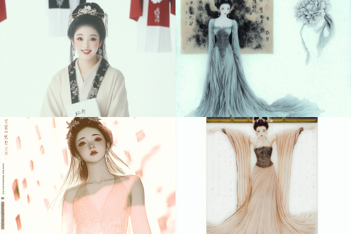 唐朝贵妃全身像，站在古色古香书房毛笔书法前张臂展长袖，精美服饰珠光宝气，牡丹花头饰，暖光，古典美，华丽。