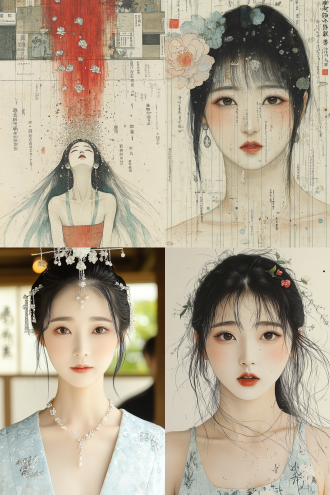 唐朝贵妃全身像，站在古色古香书房毛笔书法前张臂展长袖，精美服饰珠光宝气，牡丹花头饰，顶光，全景，华丽，古典美 。