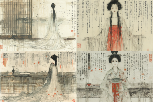 唐朝贵妃全身像，站在古色古香书房毛笔书法前张臂展长袖，精美服饰珠宝头饰，暖光，全景，古典华丽。