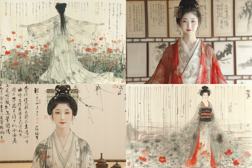 唐朝贵妃全身像，站在古色古香书房毛笔书法前张臂展长袖，精美服饰珠宝头饰，暖光，全景，古典华丽。