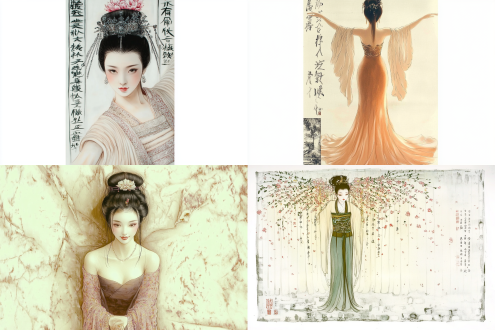 唐朝贵妃全身像，站在古色古香书房毛笔书法前张臂展长袖，精美服饰珠光宝气，牡丹花头饰，暖光，古典美，华丽。