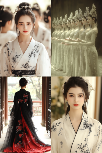 中国秦朝舞女，长袖善举，精美的传统服饰，优美的舞姿，皇宫舞台背景