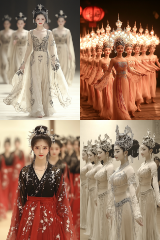 中国秦朝舞女，长袖善举，精美的传统服饰，优美的舞姿，皇宫舞台背景