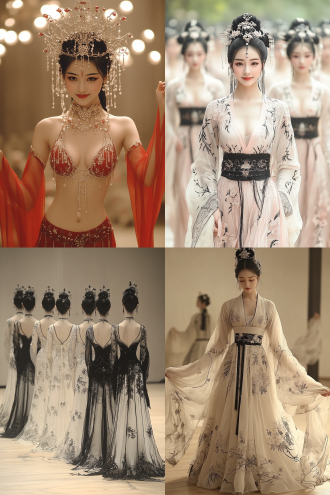 中国秦朝舞女，长袖善举，精美的传统服饰，优美的舞姿，皇宫舞台背景