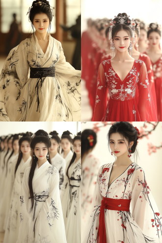 中国秦朝舞女，长袖善举，精美的传统服饰，优美的舞姿，皇宫舞台背景