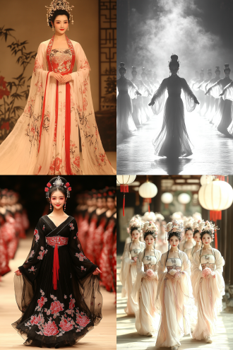 中国秦朝舞女，长袖善举，精美的传统服饰，优美的舞姿，皇宫舞台背景