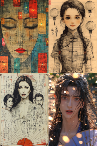 元宵节的花灯下，一位穿细小条纹方格卡其色和蓝色相间旗袍，拿着团扇的美女，双丫鬟，戴着红色围巾，清新淡雅朴素，毛笔书法题词。