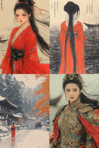 江边站着一位英姿飒爽的中国古代女将军，穿着战袍铠甲，佩戴长剑，外面围着红色披风，风浪很大，远处有船，题词。