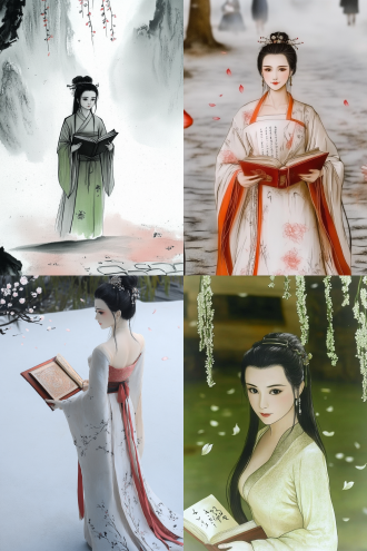 杨柳树下的石板路旁长着野草，空中飘着柳絮，一位中国古代女诗人拿着线装书边走边看，深情专注，书香气息，宁静优雅，题词。