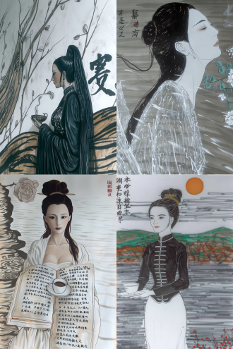 蜿蜒河岸，古代女诗人手持茶盏赏落日落花构思诗句，神情专注，书香四溢，宁静优雅，古风，侧逆光，长焦，暖色调。