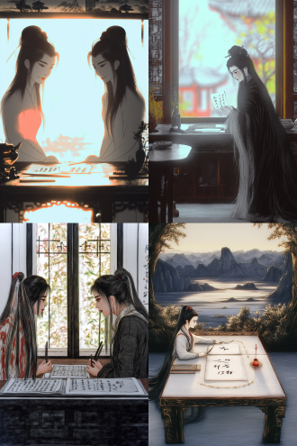 中国古代才女书桌旁写毛笔字，对称构图，古色古香书房，窗外湖景，暖黄主色，长焦，顶光，专注，优雅，平静。