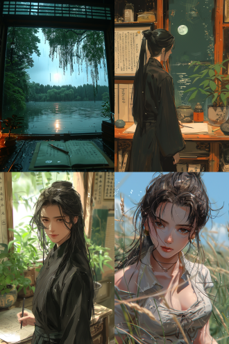 一位中国古代才女站在书桌旁写毛笔字，古色古香的书房内，笔墨纸砚，盆景装饰，窗外湖水涟涟，月亮的倒影，杨柳依依，题词和书画作品的墙壁。