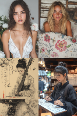 古装大家闺秀坐绣架刺绣，对称构图，室内，长焦镜头，丝绸牡丹蝴蝶逼真，题词，暖黄烛光，柔和色调，神情安详。