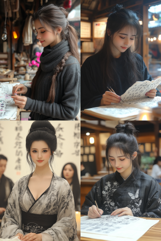 古装大家闺秀坐绣架刺绣，对称构图，室内，长焦镜头，丝绸牡丹蝴蝶逼真，题词，暖黄烛光，柔和色调，神情安详。