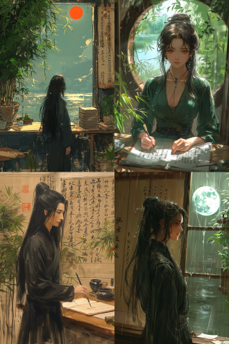 一位中国古代才女站在书桌旁写毛笔字，古色古香的书房内，笔墨纸砚，盆景装饰，窗外湖水涟涟，月亮的倒影，杨柳依依，题词和书画作品的墙壁。