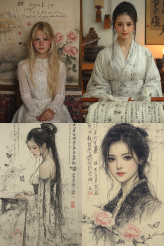 古装大家闺秀坐绣架刺绣，对称构图，室内，长焦镜头，丝绸牡丹蝴蝶逼真，题词，暖黄烛光，柔和色调，神情安详。