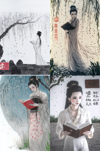 杨柳树下的石板路旁长着野草，空中飘着柳絮，一位中国古代女诗人拿着线装书边走边看，深情专注，书香气息，宁静优雅，题词。