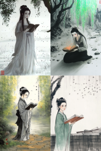 杨柳树下的石板路旁长着野草，空中飘着柳絮，一位中国古代女诗人拿着线装书边走边看，深情专注，书香气息，宁静优雅，题词。