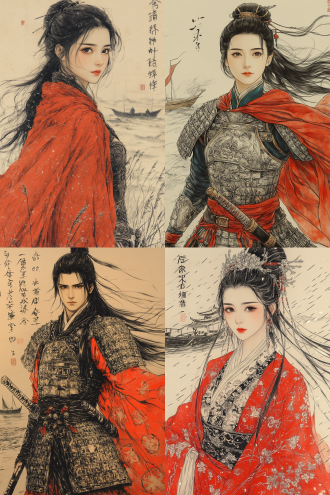 江边站着一位英姿飒爽的中国古代女将军，穿着战袍铠甲，佩戴长剑，外面围着红色披风，风浪很大，远处有船，题词。