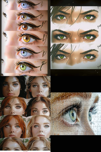 不同民族，不同画风，不同颜色光泽形状角度表情神态妆容的眉毛和眼睛，特写图集，拼图方式