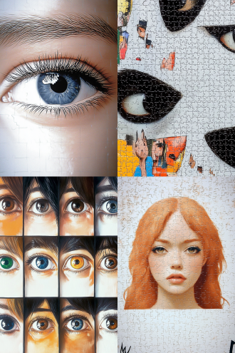 不同民族，不同画风，不同颜色光泽形状角度表情神态妆容的眉毛和眼睛，美感，特写图集，拼图方式