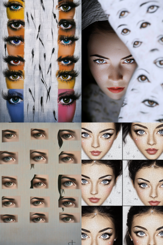 不同民族，不同画风，不同颜色光泽形状角度表情神态妆容的眉毛和眼睛，美感，特写图集，拼图方式