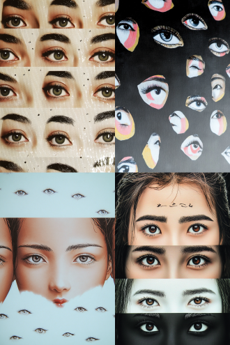 不同民族眉眼特写拼图，多种画风融合，高饱和度色彩，微距镜头，顶光，不同形状角度表情妆容，展现美感。