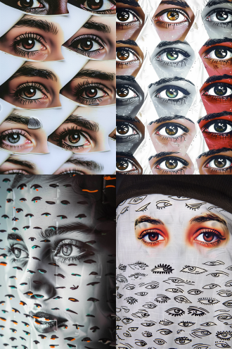 不同民族眉眼特写拼图，多种画风融合，高饱和度色彩，微距镜头，顶光，各异形状角度表情妆容，展现独特美感 。