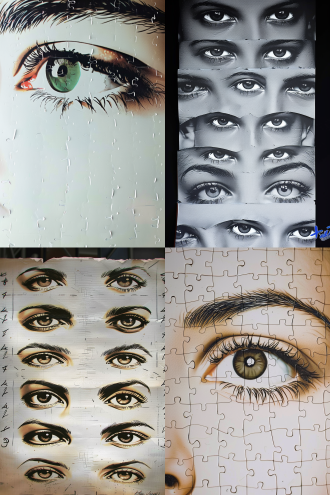 不同民族，不同画风，不同颜色光泽形状角度表情神态妆容的眉毛和眼睛，美感，特写图集，拼图方式