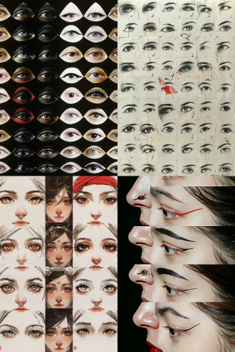 不同民族，不同画风，不同颜色光泽形状角度表情神态妆容的眉毛和眼睛，美感，特写图集，拼图方式