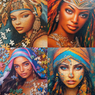 不同民族眉眼特写拼图，多种画风融合，高饱和度色彩，微距镜头，顶光，精致妆容，各异神态，拼贴，展现多元美感 。