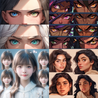 美容广告展示各种各样的眼睛，不同民族，不同画风，不同颜色光泽形状角度表情神态妆容的眉毛和眼睛，美感，特写图集，拼图方式