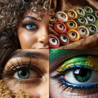 美容广告眼睛特写拼图，汇集多民族不同画风眉眼，高分辨率，微距镜头，顶光，色彩丰富，展现多样美感。